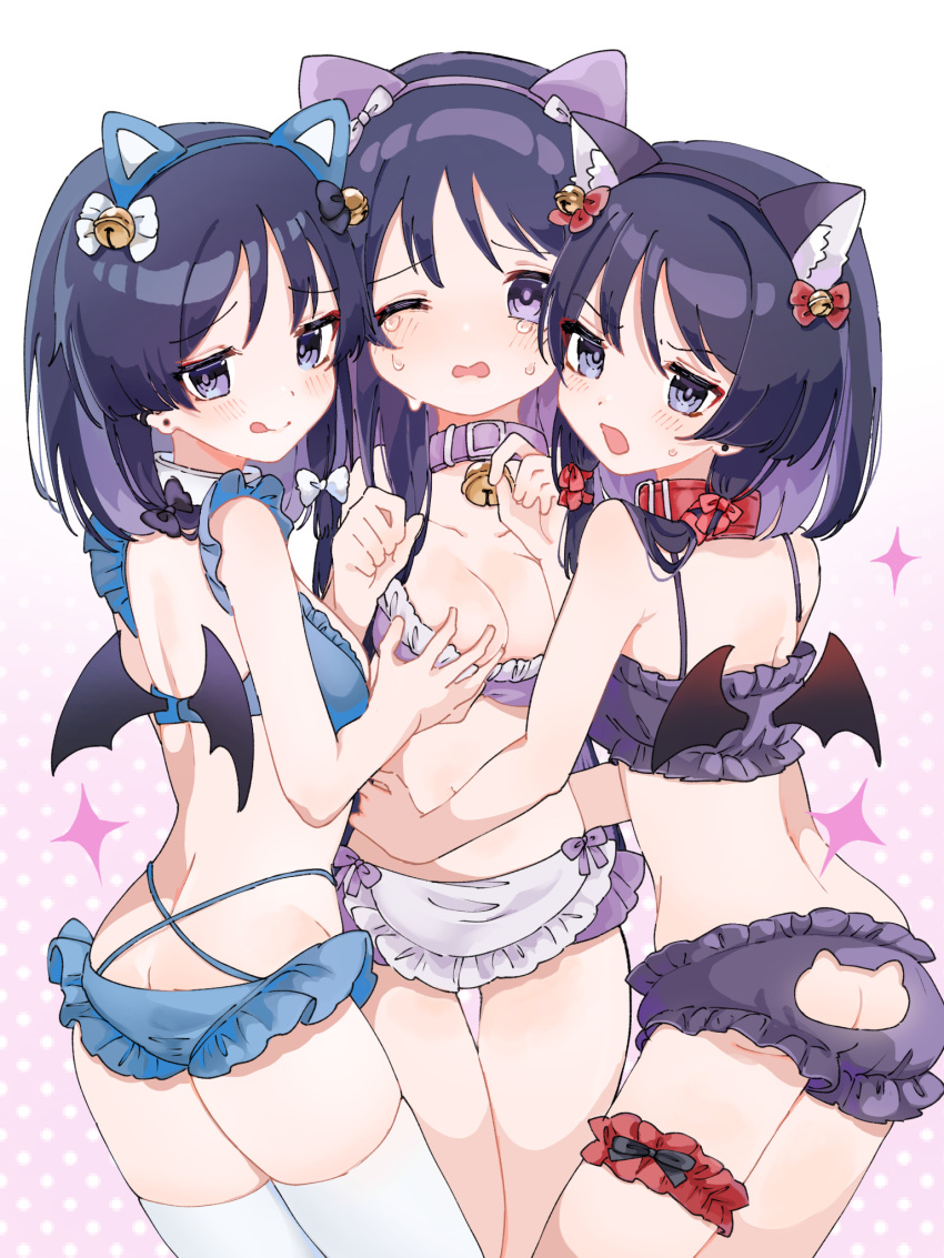 3girls :d animal_ear_hairband animal_ears apron bat_wings bell belt_collar black_hair blue_bra blue_hairband blue_panties blunt_ends blush bow bra breasts bridal_garter bright_pupils butt_crack cat_cutout_panties cat_ear_hairband cat_ears cleavage closed_mouth collar collarbone colored_inner_hair cross-laced_clothes cross-laced_panties crying crying_with_eyes_open earrings eyeliner eyeshadow fake_animal_ears frilled_apron frilled_bra frilled_sleeves frilled_underwear frills furrowed_brow genderswap_(mtf) genshin_impact hair_bell hair_ornament hair_over_shoulder hairband hairbow heads_together highres jewelry jingle_bell kingyo_(user_xyuc7787) long_hair looking_at_viewer makeup multicolored_hair multiple_girls multiple_persona naughty_face one_eye_closed open_mouth panties pink_bra pink_collar pink_hairband purple_bow purple_bra purple_eyes purple_hair purple_hairband purple_panties purple_pupils raised_eyebrows red_bow red_collar red_eyeliner red_eyeshadow red_garter rule_63 scaramouche_(genshin_impact) scaramouche_(kabukimono)_(genshin_impact) short_hair smile sweatdrop tears thigh_gap thighhighs underwear v-shaped_eyebrows wanderer_(genshin_impact) white_apron white_background white_bow white_pupils white_thighhighs wings