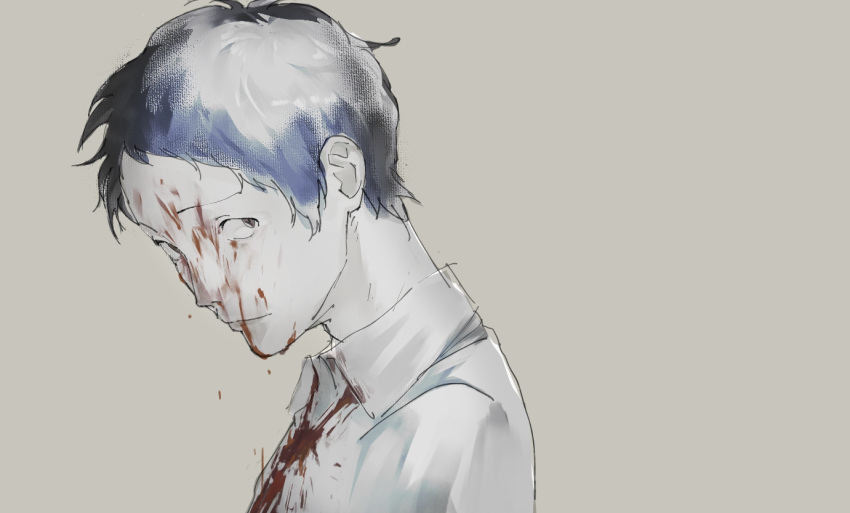 1boy adachi_tooru black_hair blood blood_on_clothes blood_on_face closed_mouth collared_shirt grey_background grey_eyes looking_to_the_side male_focus obobkkp persona persona_4 shirt short_hair sideways_glance simple_background solo very_short_hair white_shirt wing_collar