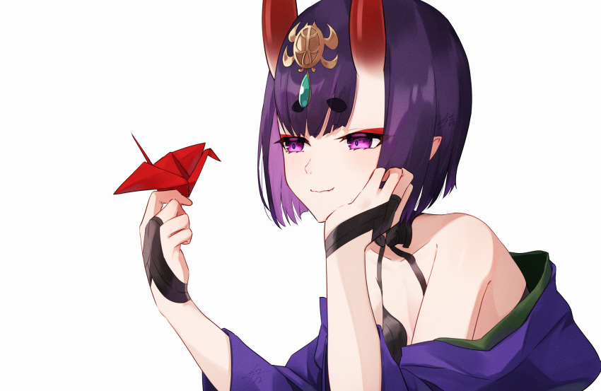 bare_shoulders breasts eyeliner fate/grand_order fate_(series) female headpiece highres horns izanaware_game japanese_clothes kimono makeup oni origami paper_crane purple_eyes purple_hair purple_kimono short_eyebrows short_hair shuten_douji_(fate) skin-covered_horns smile solo