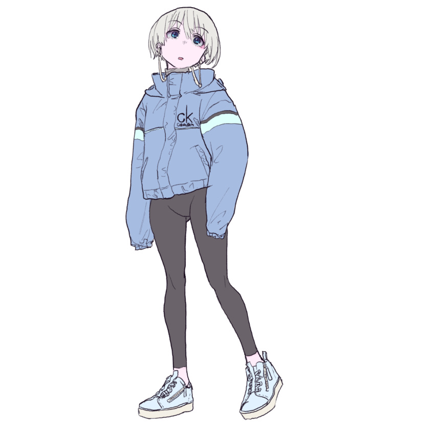 alternate_costume ass_visible_through_thighs black_leggings blue_eyes blue_jacket earbuds earphones female grey_hair head_tilt heel_up jacket kantai_collection ken_sogen leggings long_sleeves looking_at_viewer open_mouth shoes short_hair simple_background sleeves_past_fingers sleeves_past_wrists sneakers solo standing white_background z1_leberecht_maass_(kancolle)