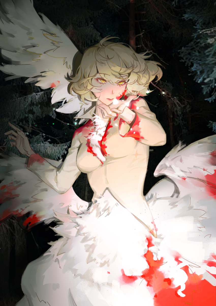 blonde_hair blood blood_on_clothes blood_on_face bloody_wings body_fur breasts brown_shirt centauroid chimera closed_mouth commentary di_qiya_bingkuai dungeon_meshi falin_touden falin_touden_(chimera) feathered_wings feathers female hand_up hashtag-only_commentary highres long_sleeves looking_at_viewer monster_girl shirt short_hair solo taur tree white_feathers wings yellow_eyes