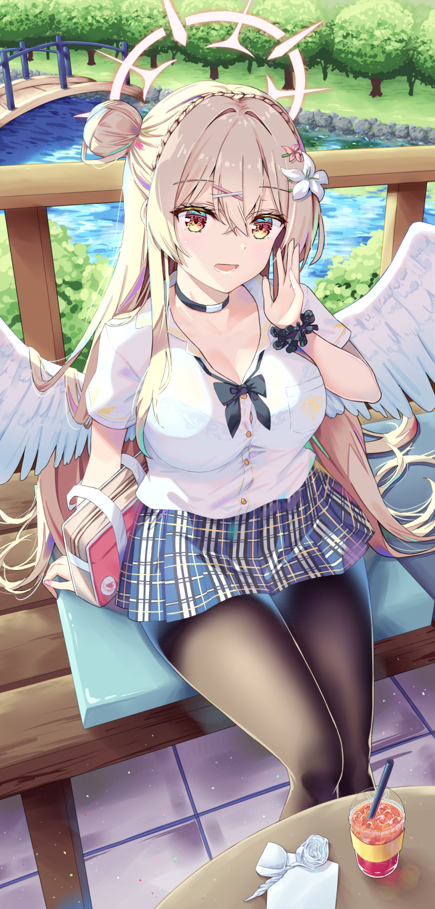 alternate_costume angel_wings bench black_choker black_pantyhose black_scrunchie blue_archive blue_skirt bra_visible_through_clothes breasts bridge brown_eyes brown_halo choker cleavage collared_shirt commentary_request cup disposable_cup female flower gyaru hair_bun hair_flower hair_ornament halo hand_up highres kogal large_breasts light_brown_hair long_hair looking_at_viewer lower_teeth_only miniskirt nagisa_(blue_archive) natie on_bench open_mouth outdoors pantyhose park park_bench pink_bag plaid_clothes plaid_skirt pleated_skirt river school_uniform scrunchie shirt short_sleeves single_side_bun sitting skirt solo teeth tree very_long_hair white_flower white_shirt white_wings wings wooden_bridge wrist_scrunchie x_hair_ornament