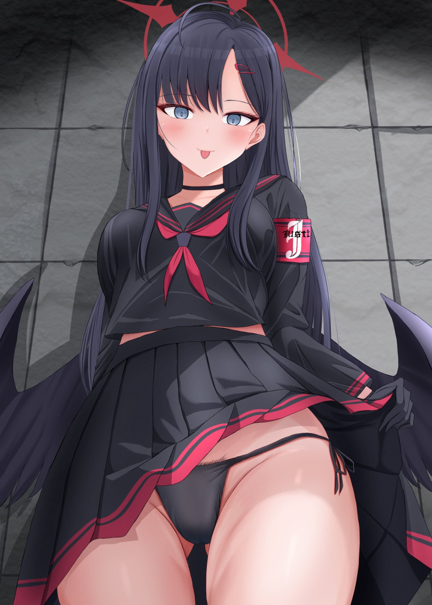 :p armband bikini bikini_under_clothes black_bikini black_choker black_gloves black_hair black_sailor_collar black_serafuku black_skirt black_wings blue_archive choker clothes_lift collarbone female gloves hair_ornament halo highres ichika_(blue_archive) lifting_own_clothes long_hair long_sleeves low_wings neckerchief pleated_skirt red_armband red_halo red_neckerchief sailor_collar sarla-twin88 school_uniform serafuku skirt skirt_lift smile solo swimsuit tongue tongue_out unusually_open_eyes wings