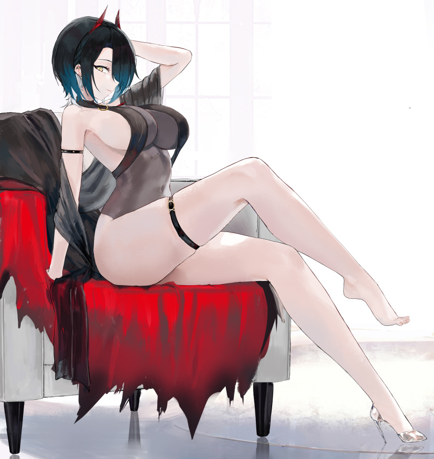 absurdres armchair ass azur_lane bare_shoulders barefoot black_hair chair commentary covered_navel ear_piercing female glass_slipper high_heels highres horns leg_up leotard looking_at_viewer piercing short_hair sitting slit_pupils smile solo suo_bu_ye_feng thigh_strap ulrich_von_hutten_(azur_lane) variant_set yellow_eyes