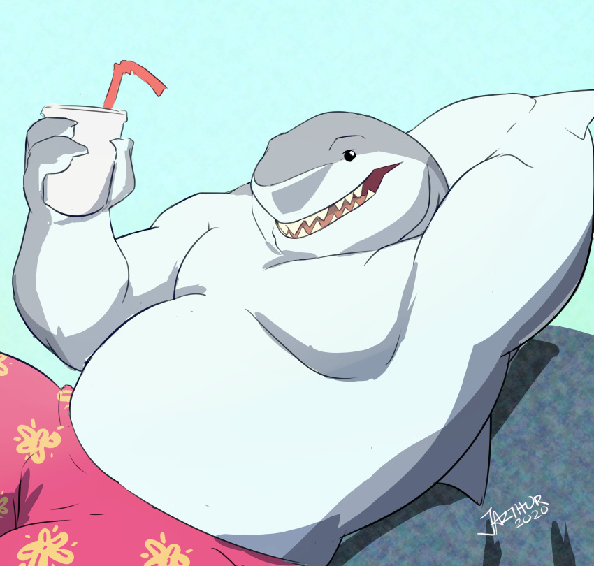 absurd_res anthro clothing colored dc_comics harley_quinn_(series) hi_res jazcabungcal king_shark male overweight pecs shirtless smile solo swimming_trunks swimwear