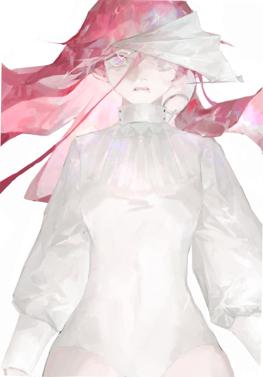 1other alexandrite_(houseki_no_kuni) angry arms_at_sides blindfold blindfold_slip clenched_teeth crystal_hair floating_hair glint hair_between_eyes highres houseki_no_kuni long_hair long_sleeves looking_at_viewer moon_uniform_(houseki_no_kuni) muzeyou o-ring one_eye_covered other_focus procreate_(medium) puffy_long_sleeves puffy_sleeves red_eyes red_hair simple_background solo teeth upper_body white_background