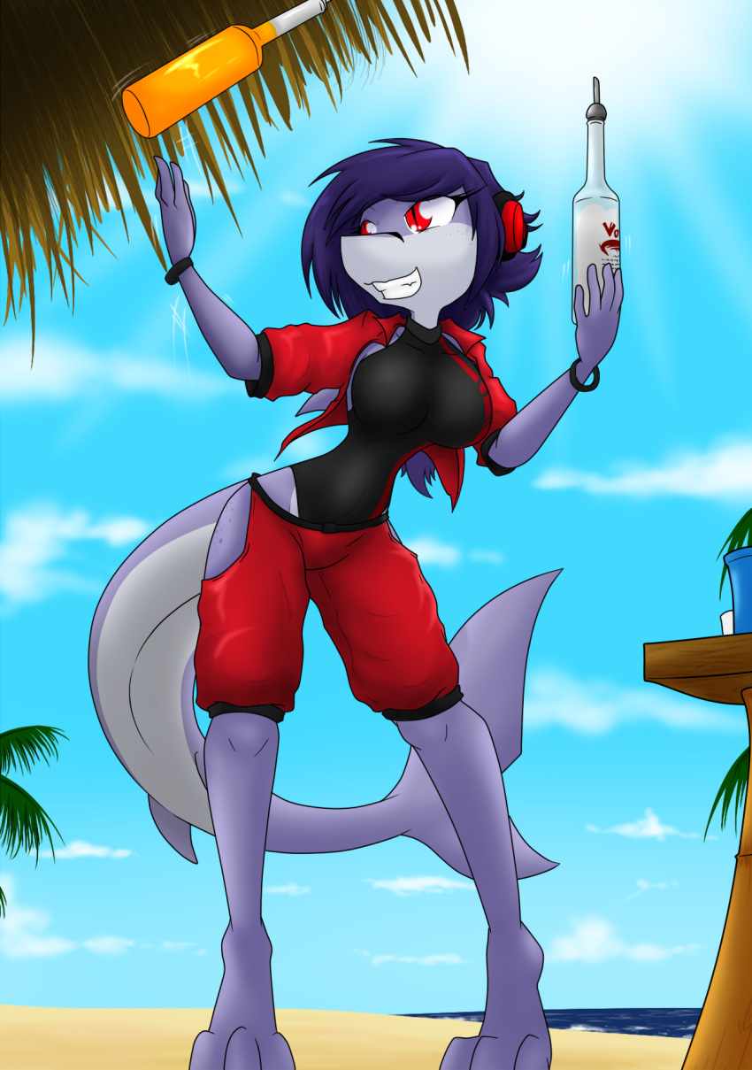 2017 alcohol anthro beach beverage big_breasts blue_body blue_hair blue_scales breasts clothing curvy_figure detailed_background digital_media_(artwork) electronics eyelashes feet female fingers fish hair headphones hi_res huge_breasts jacket marine multicolored_body multicolored_scales one-piece_swimsuit red_eyes sandwich-anomaly scales sea seaside shark smile solo standing swimwear teeth thick_thighs toes topwear vodka voluptuous water white_body white_scales xaenyth_(character)