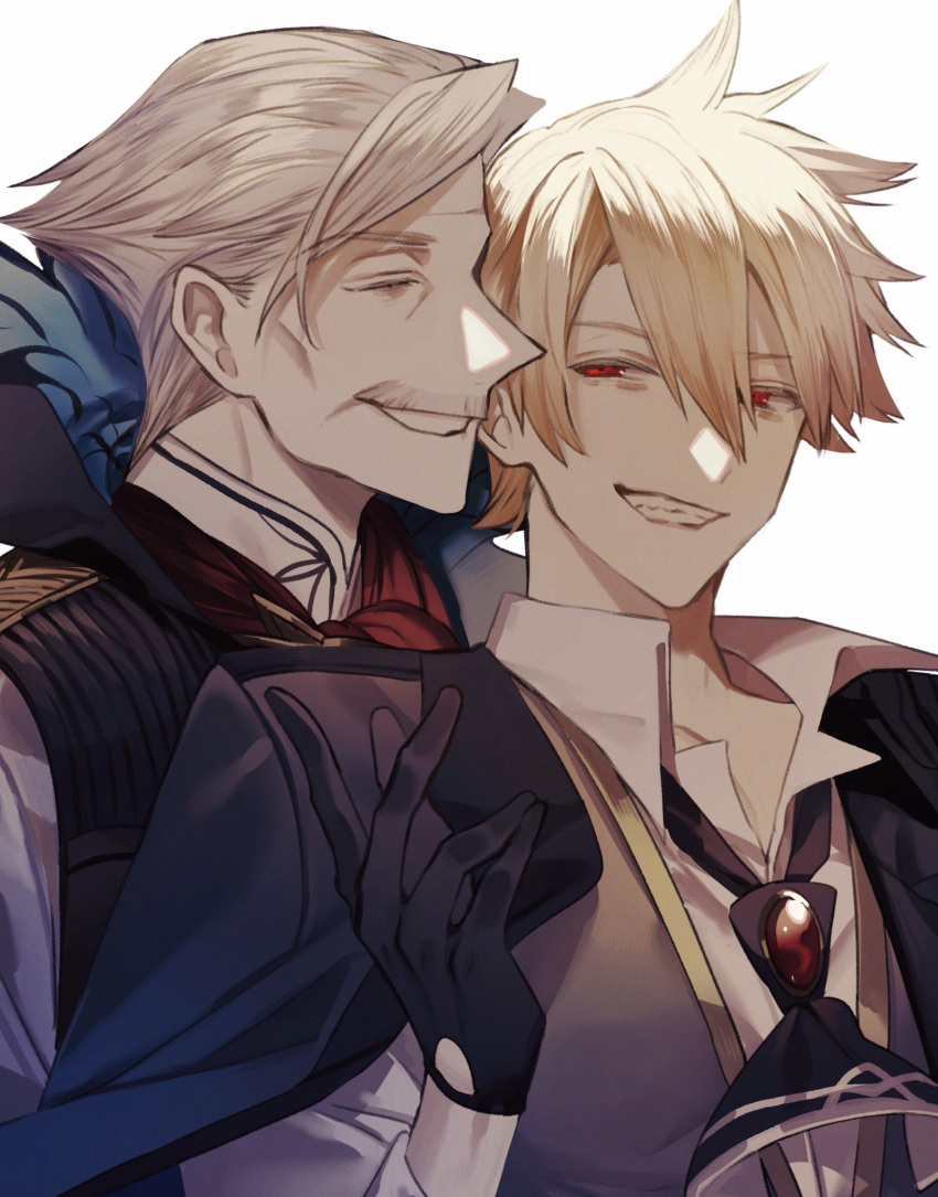 2boys albino_(a1b1n0623) arm_up bad_id bad_twitter_id blonde_hair collarbone collared_shirt facial_hair fate/grand_order fate/prototype fate/prototype:_fragments_of_blue_and_silver fate_(series) formal gloves gradient_hair grey_hair hair_between_eyes high_collar highres jacket jacket_on_shoulders james_moriarty_(archer)_(fate) jekyll_and_hyde_(fate) long_sleeves looking_at_another loose_necktie male_focus moustache multicolored_hair multiple_boys necktie no_eyewear open_clothes pointy_nose red_eyes shirt short_hair smile smirk suit untied vest white_background white_shirt