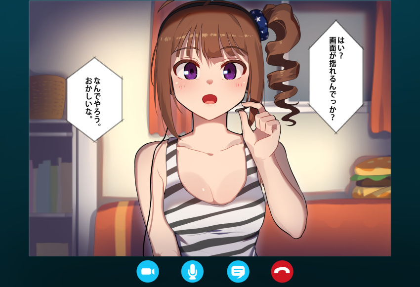 adjusting_headset blue_scrunchie blunt_bangs breasts brown_hair cleavage collarbone drill_hair female hair_ornament hair_scrunchie hand_up headphones headset idolmaster idolmaster_million_live! idolmaster_million_live!_theater_days indoors kamille_(vcx68) kansaiben looking_at_viewer medium_breasts open_mouth print_scrunchie purple_eyes scrunchie shirt side_ponytail skype solo star_(symbol) star_print striped_clothes striped_shirt translated upper_body user_interface video_call yokoyama_nao