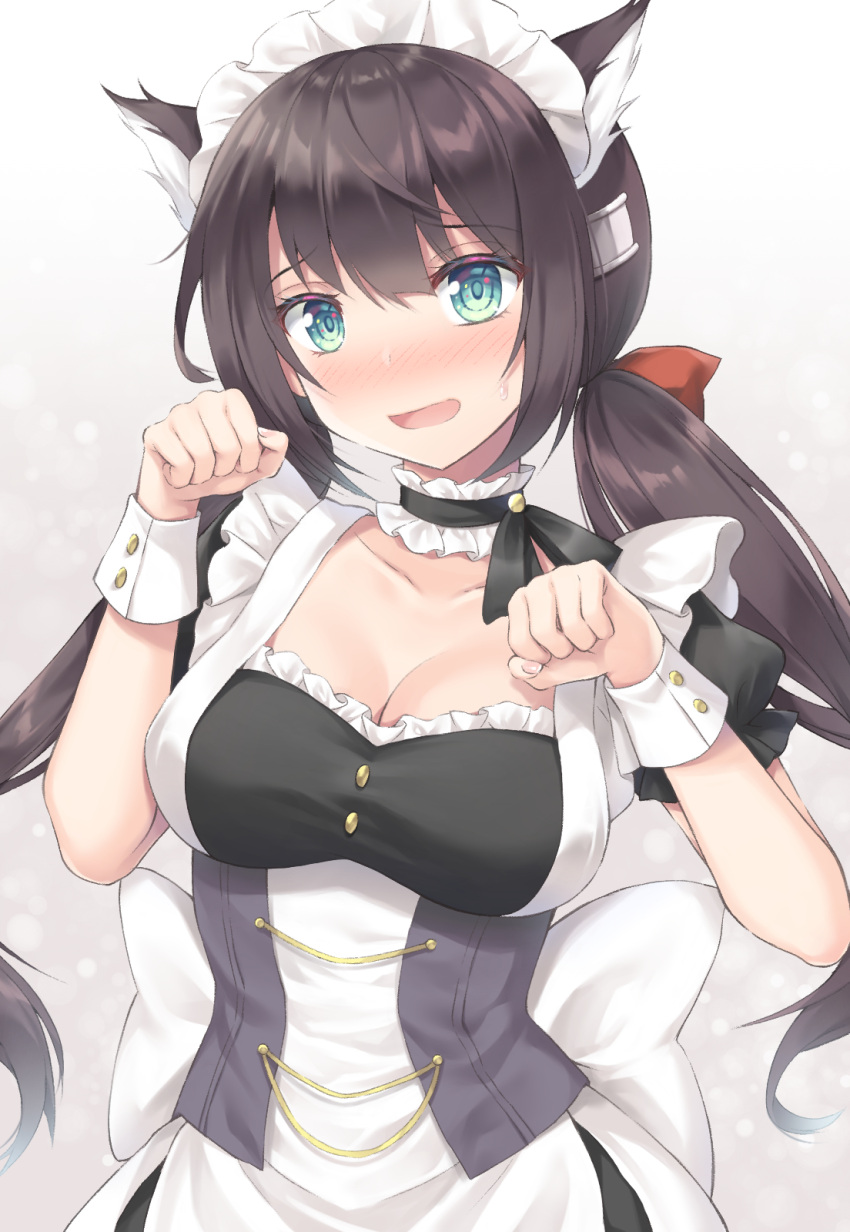 :d animal_ears azur_lane black_hair blush bow breasts buttons cat_ears cat_girl cleavage collarbone commentary_request eyes_visible_through_hair female glasgow_(azur_lane) gradient_background green_eyes hair_ribbon hairbow highres kemonomimi_mode long_hair looking_at_viewer low_twintails maid maid_headdress open_mouth paw_pose ribbon sakuba_nao sidelocks simple_background smile solo sweatdrop twintails wrist_cuffs