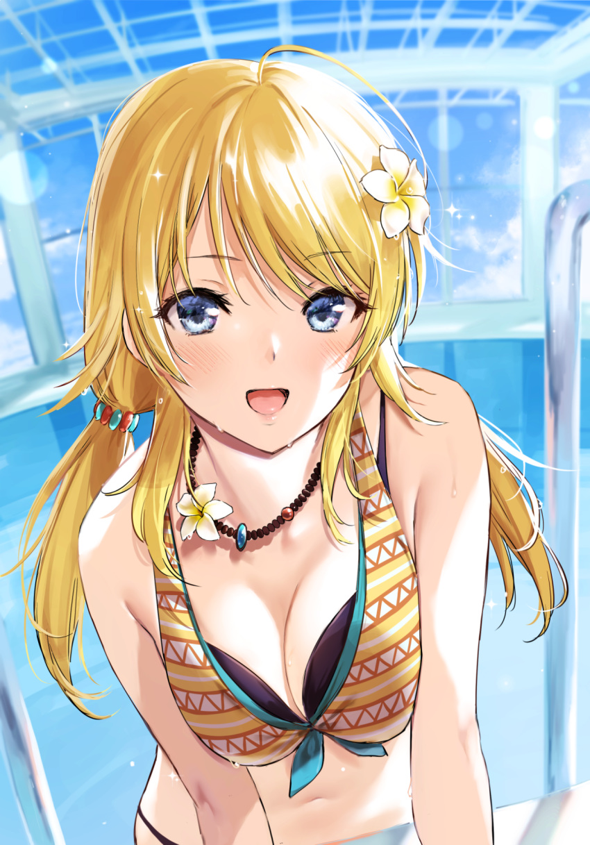 ahoge bad_id bad_pixiv_id bare_shoulders bikini black_bikini blonde_hair blue_eyes blush breasts cleavage collarbone commentary_request female flower hachimiya_meguru hair_flower hair_ornament highres idolmaster idolmaster_shiny_colors jewelry large_breasts layered_bikini long_hair looking_at_viewer low_twintails navel necklace open_mouth partial_commentary pool_ladder poolside smile solo swept_bangs swimsuit twintails umakuchi_shouyu wet yellow_bikini