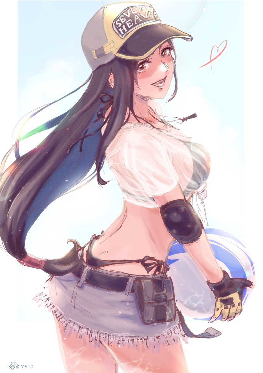 ball baseball_cap beachball bikini bikini_under_clothes black_bikini commentary crop_top female final_fantasy final_fantasy_vii final_fantasy_vii_ever_crisis frayed_skirt hat highres miniskirt ninnin5tora official_alternate_costume see-through see-through_shirt shirt skirt smile solo swimsuit symbol-only_commentary tifa_lockhart tifa_lockhart_(lifeguard)