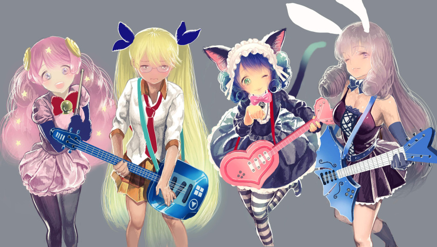 4girls animal_ears bell black_bow black_dress black_legwear blue_gloves blue_hair bow bowtie breasts cat_ears cat_girl cat_tail chuchu_(show_by_rock!!) cleavage collared_shirt curly_hair cyan_(show_by_rock!!) dress elbow_gloves feet_out_of_frame gloves green_eyes grey_background guitar highres instrument long_hair long_sleeves looking_at_viewer mablex moa_(show_by_rock!!) multiple_girls necktie one_eye_closed pantyhose photoshop_(medium) pink_bow pink_hair pleated_skirt purple_eyes purple_hair rabbit_ears red_bow retoree_(show_by_rock!!) shirt show_by_rock!! simple_background skirt striped_clothes striped_pantyhose tail very_long_hair white_shirt yellow_skirt