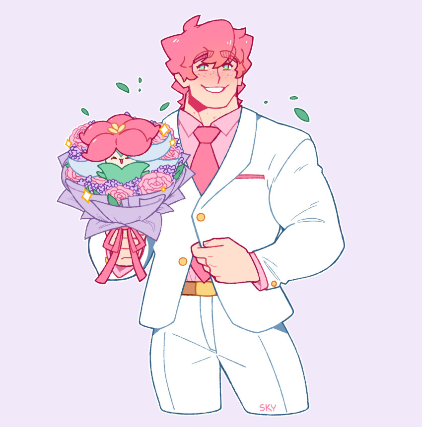 1boy alternate_color alternate_costume bara blush bouquet commentary cropped_legs english_commentary feraltintinsimp flower formal freckles gossifleur green_eyes highres holding holding_bouquet looking_at_viewer male_focus milo_(pokemon) muscular muscular_male necktie pants pink_hair pink_shirt pokemon pokemon_(creature) pokemon_swsh shiny_pokemon shirt short_hair smile suit white_pants white_suit