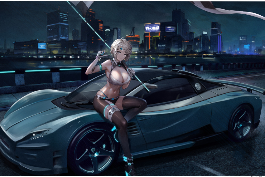 absurdres alina_novikov black_footwear black_thighhighs breasts building car checkered_flag city cityscape closed_mouth commentary commission female flag gloves grey_eyes highres holding holding_flag holding_pole kcar66t large_breasts light_brown_hair looking_at_viewer motor_vehicle navel night night_sky outdoors pixiv_commission pole race_queen river road short_hair sitting sky skyscraper solo sports_car tatakau_ataisuru thighhighs tomboy traffic_barrier vehicle_focus vehicle_request white_gloves