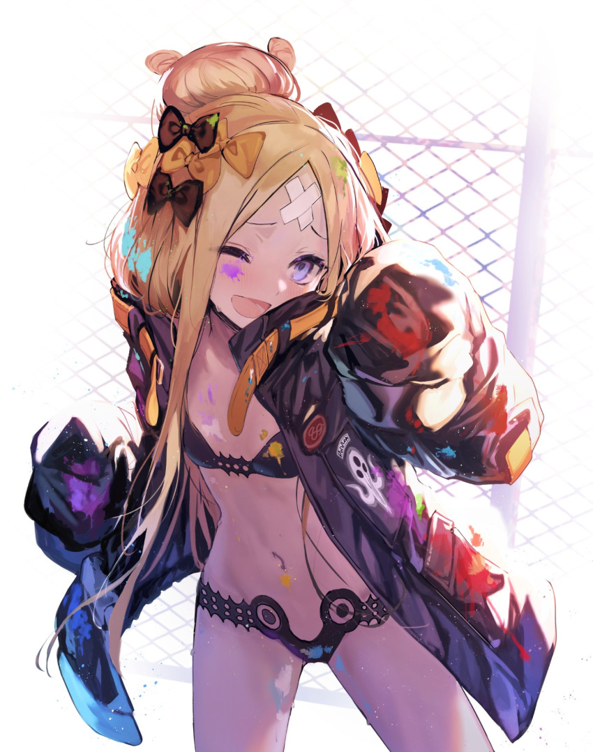 abigail_williams_(fate) abigail_williams_(swimsuit_foreigner)_(fate) abigail_williams_(swimsuit_foreigner)_(first_ascension)_(fate) abigail_williams_(traveling_outfit)_(fate) akieda bandaid bandaid_on_face bandaid_on_forehead belt bikini black_bikini black_bow black_jacket blonde_hair blue_eyes blush bow breasts chain-link_fence crossed_bandaids fate/grand_order fate_(series) female fence forehead hair_bun hairbow high_collar highres jacket long_hair long_sleeves multiple_hair_bows navel official_alternate_costume open_clothes open_jacket open_mouth orange_belt orange_bow parted_bangs single_hair_bun sleeves_past_fingers sleeves_past_wrists small_breasts smile solo swimsuit thighs