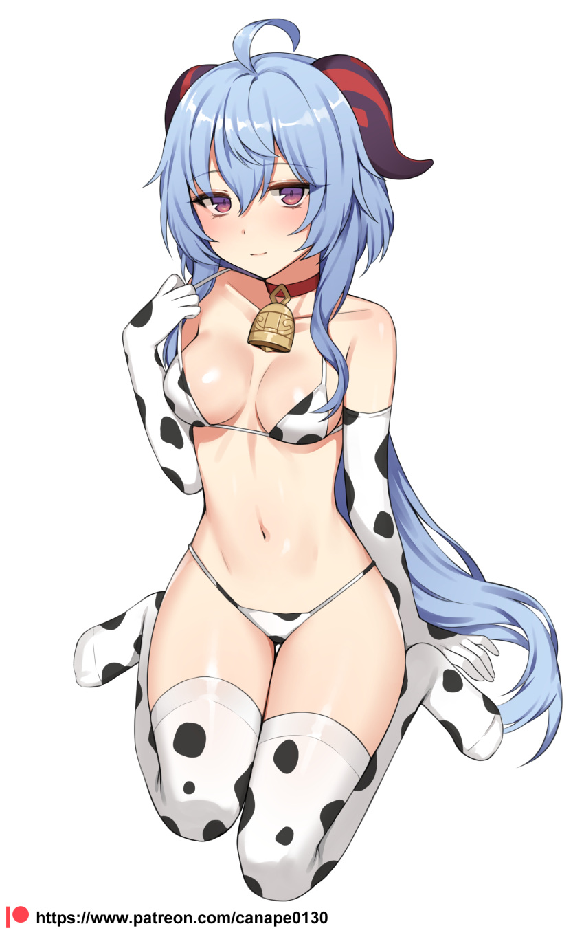 absurdres ahoge animal_print arm_support bad_id bad_pixiv_id bell bikini blue_hair breasts canape_(canape0130) choker closed_mouth commentary_request cow_print cow_print_bikini cowbell elbow_gloves female full_body ganyu_(genshin_impact) genshin_impact gloves goat_horns hand_up highres horns korean_commentary long_hair looking_at_viewer navel neck_bell patreon_logo patreon_username print_bikini red_choker red_eyes simple_background sitting smile solo swimsuit thighhighs thighs wariza watermark web_address white_background white_gloves white_thighhighs