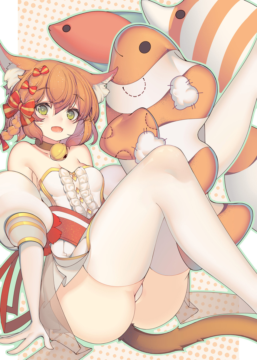 :d animal_ear_fluff animal_ears april_(pride_of_eden) ass bare_shoulders bow braid breasts brown_hair cat_ears cat_girl cat_tail center_frills clownfish commentary_request detached_sleeves elbow_gloves feet_out_of_frame female fish frills gloves green_eyes hair_between_eyes hairbow highres leotard looking_at_viewer open_mouth polka_dot polka_dot_background puffy_short_sleeves puffy_sleeves rain_lan red:_pride_of_eden short_sleeves small_breasts smile solo strapless strapless_leotard striped striped_bow stuffed_animal stuffed_fish stuffed_toy tail thighhighs tropical_fish white_gloves white_leotard white_sleeves white_thighhighs