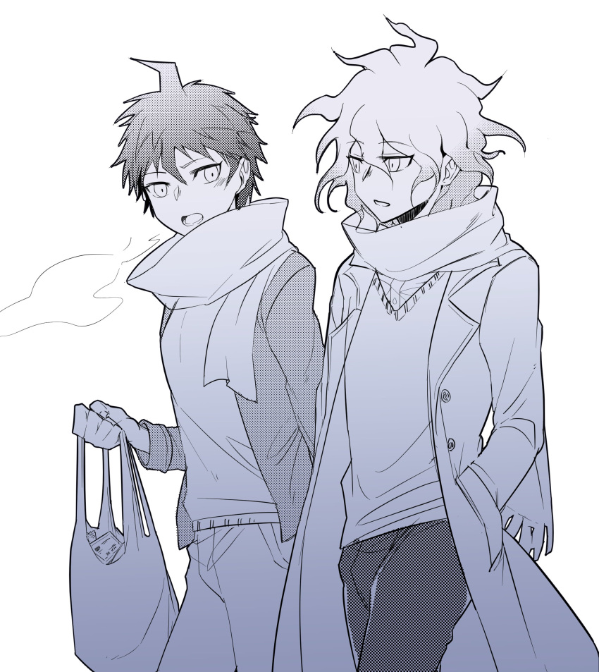 2boys absurdres bag breath casual coat commentary_request cowboy_shot danganronpa_(series) danganronpa_2:_goodbye_despair denim hand_in_pocket highres hinata_hajime holding holding_bag jacket jeans komaeda_nagito long_sleeves lower_teeth_only male_focus messy_hair monochrome multiple_boys open_clothes open_coat open_mouth pants scarf shirt short_hair teeth ziling