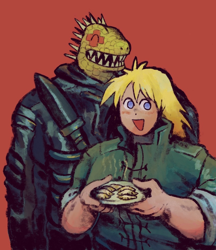 anthro bangs blonde_hair blue_eyes clothed clothing digital_media_(artwork) dorohedoro duo female food green_body green_scales gyoza hair hi_res human kaiman_(dorohedoro) lizard male mammal nikaido_(dorohedoro) plastiboo reptile scales scalie sharp_teeth smile teeth