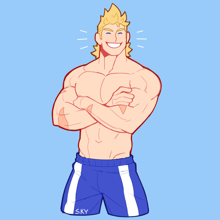 1boy abs alternate_costume bara blonde_hair blue_shorts boku_no_hero_academia bulge closed_eyes crossed_arms feraltintinsimp highres large_pectorals male_focus muscular muscular_male navel nipples pectorals scar scar_on_arm short_hair shorts smile solo spiked_hair stomach togata_mirio topless_male