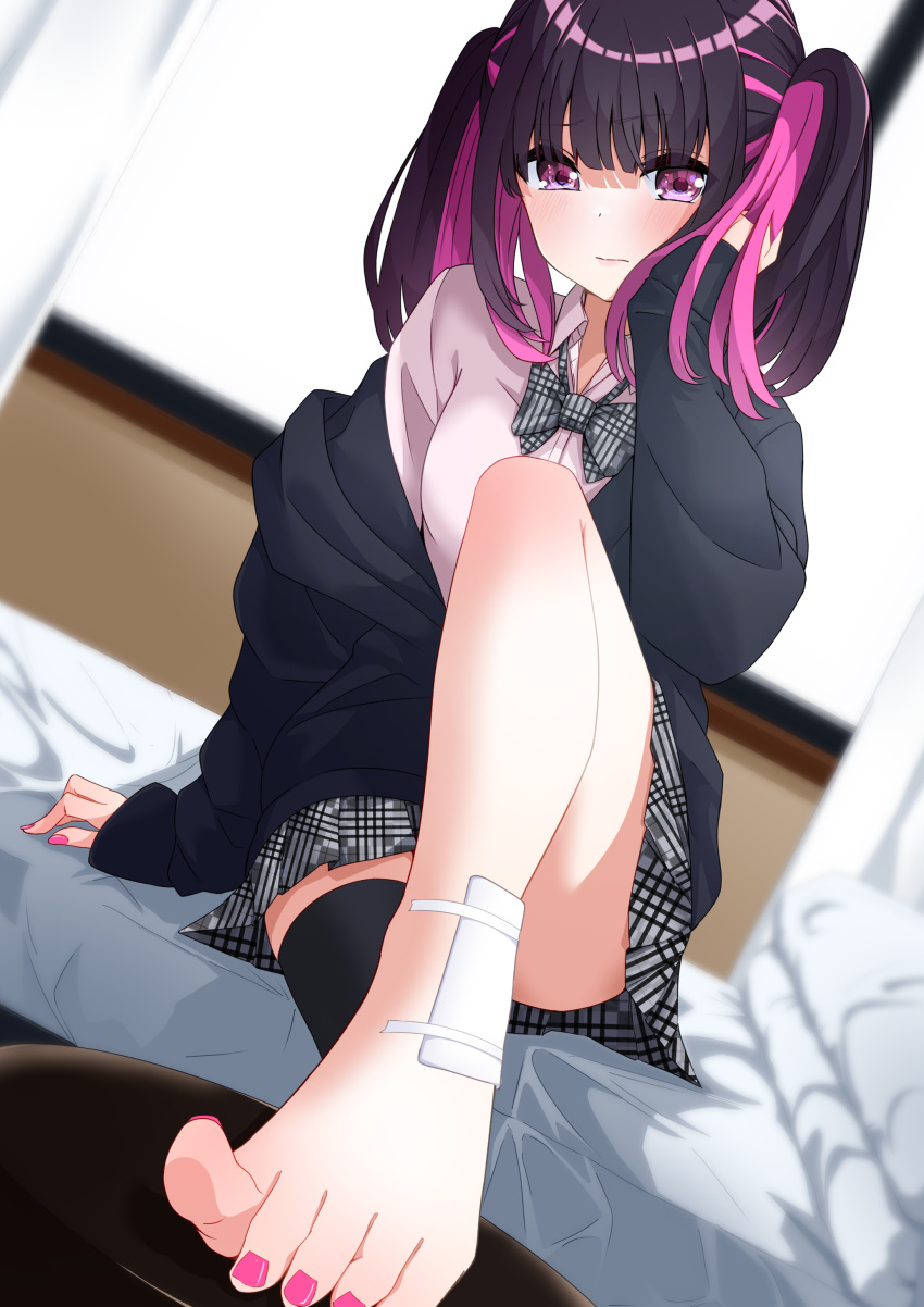 absurdres arm_support bandaged_leg bandages barefoot black_hair black_thighhighs blurry blurry_background blush closed_mouth commentary_request dutch_angle feet female foot_focus foot_up foreshortening godai_01 grey_skirt hand_on_own_face highres knee_up leaning_to_the_side legs long_hair looking_at_viewer multicolored_hair nail_polish original pink_eyes pink_nails pink_shirt pleated_skirt presenting_foot print_skirt school_uniform shirt single_thighhigh sitting skirt solo sprain streaked_hair thighhighs thighs toenail_polish toenails toes twintails