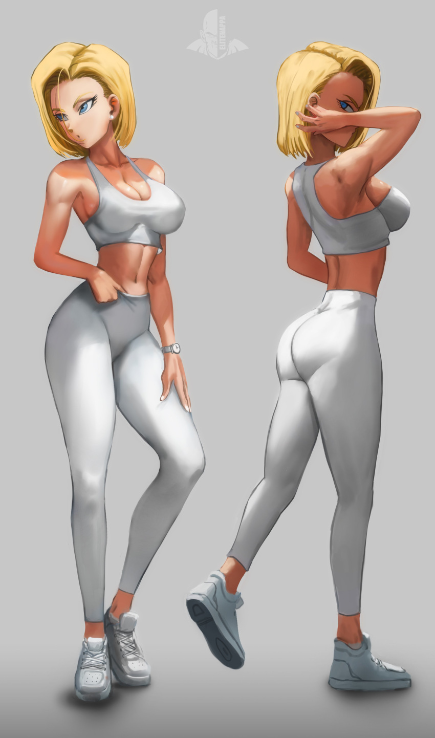 absurdres android_18 ass blonde_hair blue_eyes breasts collarbone crop_top dragon_ball dragon_ball_super elite_nappa female grey_sports_bra highres large_breasts midriff multiple_views navel pants short_hair simple_background skin_tight sports_bra yoga_pants