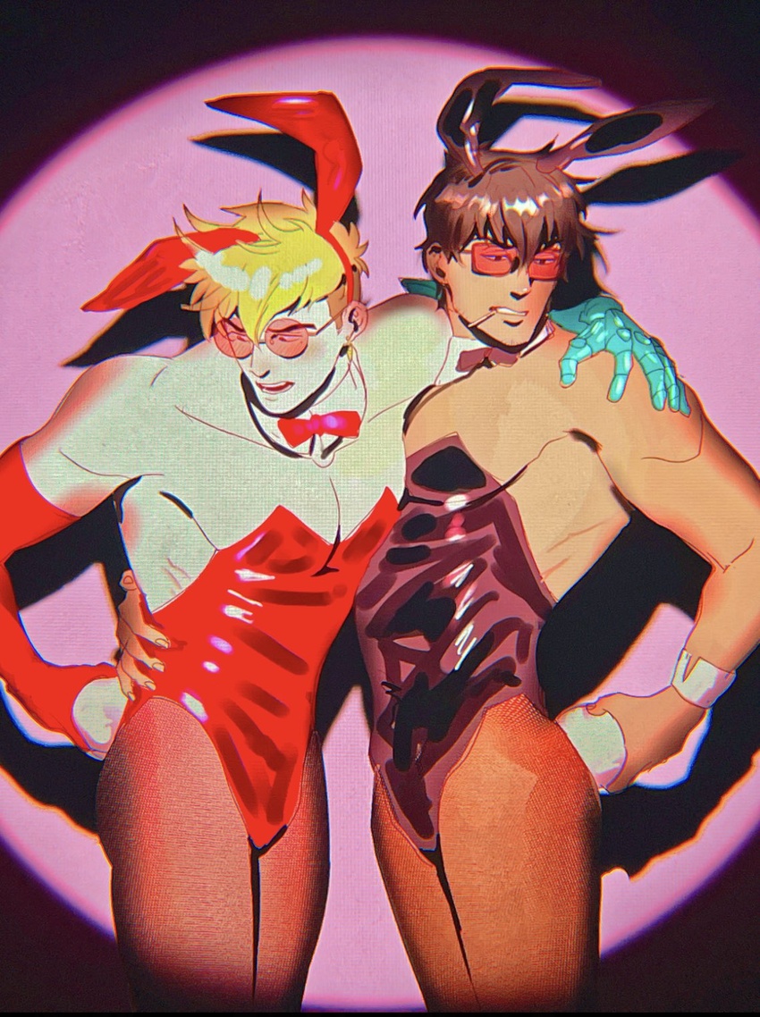 2boys animal_ears bare_arms bare_shoulders black_leotard blonde_hair blush bow bowtie brown_hair catneylang cigarette cowboy_shot glasses hair_between_eyes hand_on_another's_hip hand_on_another's_shoulder highres large_pectorals leotard male_playboy_bunny meme_attire multiple_boys nicholas_d._wolfwood open_mouth pantyhose pectorals pink_background playboy_bunny prosthesis prosthetic_arm rabbit_boy rabbit_ears rabbit_tail red-tinted_eyewear short_hair simple_background spotlight standing strapless strapless_leotard tail tinted_eyewear trigun trigun_stampede v-shaped_eyebrows vash_the_stampede