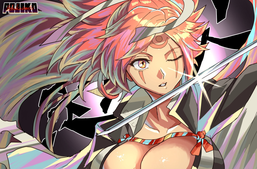 baiken big_hair black_jacket breasts chikoinochi facial_tattoo female guilty_gear guilty_gear_strive guilty_gear_xrd highres jacket jacket_on_shoulders japanese_clothes kataginu katana kimono large_breasts long_hair looking_at_viewer multicolored_clothes multicolored_kimono one-eyed open_clothes open_kimono orange_eyes parted_lips pink_hair ponytail samurai scar scar_across_eye solo sword tattoo weapon