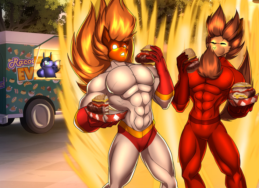 2022 absurd_res alejandro_martinez anthro armadillo being_watched blonde_hair bodysuit bottomwear brown_body brown_fur brown_hair burger canid canine canis cheek_bulge chest_tuft clothed clothing commercial_vehicle delivery_(commerce) delivery_vehicle domestic_dog duo_focus eating food food_truck fully_clothed fur gloves green_clothing green_hat green_headwear grey_body grey_fur group hair handwear hat headgear headwear hi_res holding_food holding_object hunter_garcia hybrid latex latex_clothing latex_gloves latex_handwear looking_at_another male mammal medium_truck multi-stop_van multicolored_body multicolored_fur muscular muscular_anthro muscular_male outside plant procyonid public raccoon racoonadillo red_body red_bodysuit red_bottomwear red_clothing red_fur red_gloves red_handwear red_latex red_shorts red_skinsuit scouter shorts skinsuit standing super_saiyan tight_clothing toughset tree trio truck_(vehicle) tuft two_tone_body two_tone_fur van vehicle white_body white_bodysuit white_clothing white_eyes white_fur white_latex white_skinsuit xenarthran