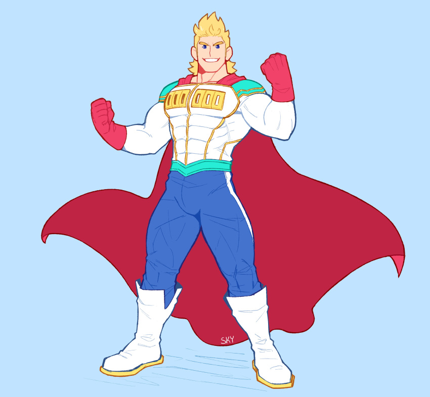 1boy absurdres bara biceps blonde_hair blue_eyes bodysuit boku_no_hero_academia bulge cape covered_abs feraltintinsimp full_body highres large_pectorals legs_apart looking_at_viewer male_focus muscular muscular_male pectorals red_cape short_hair simple_background smile solo spiked_hair superhero_costume thick_thighs thighs togata_mirio white_bodysuit