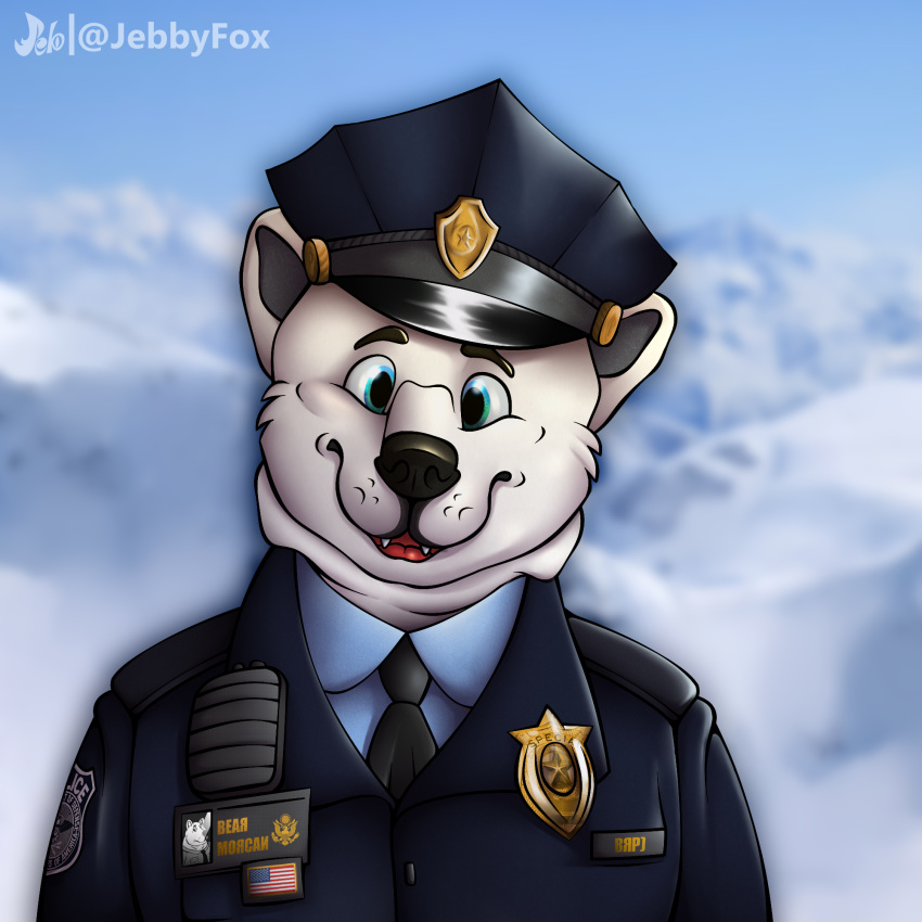 1:1 anthro arctic bear big_good_boy blue_eyes clothing electronics fluffy fur gold hat headgear headwear hi_res jebbthefoxy jebby male mammal overweight overweight_male police police_hat radio russian smile snow solo stardragon9 token united_states_of_america white_bear white_body white_fur