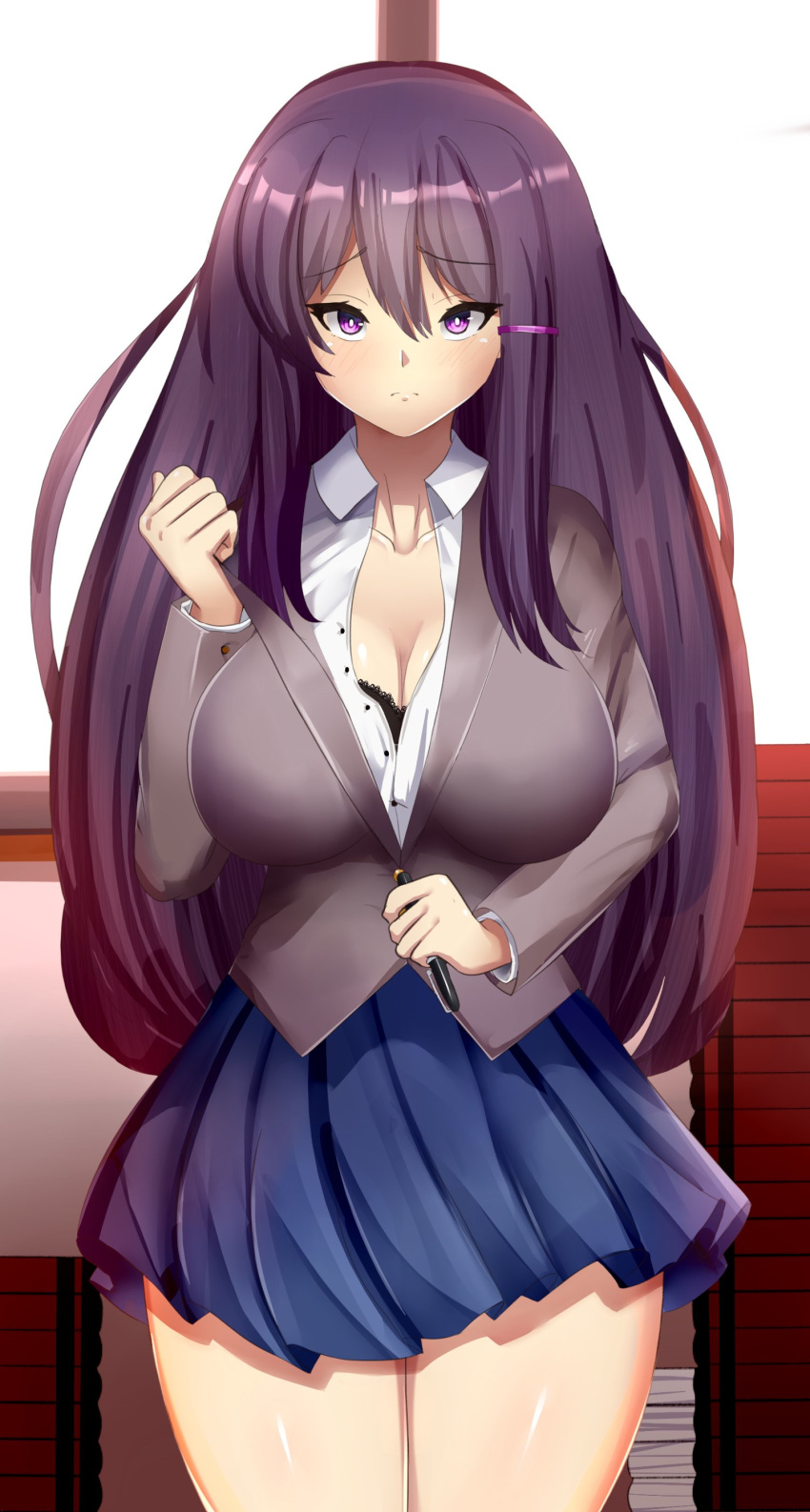 absurdres bad_id bad_twitter_id black_bra blue_skirt bra breasts classroom collarbone commentary doki_doki_literature_club expressionless female hair_ornament highres holding inactive_account large_breasts pen purple_eyes purple_hair sana!rpg school_uniform skirt solo thighs unbuttoned underwear window yuri_(doki_doki_literature_club)