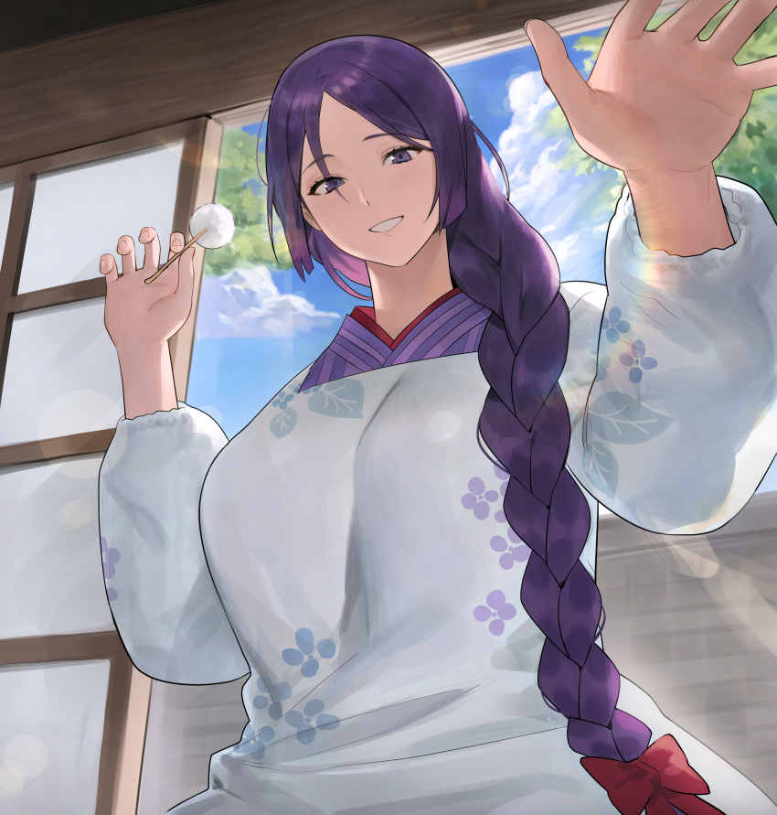 absurdres apron braid braided_ponytail breasts commentary fate/grand_order fate_(series) female highres hood_(james_x) kappougi large_breasts long_hair long_sleeves looking_at_viewer mimikaki minamoto_no_raikou_(fate) minamoto_no_raikou_(stitching_for_your_beloved_one)_(fate) parted_bangs purple_eyes purple_hair single_braid smile solo very_long_hair