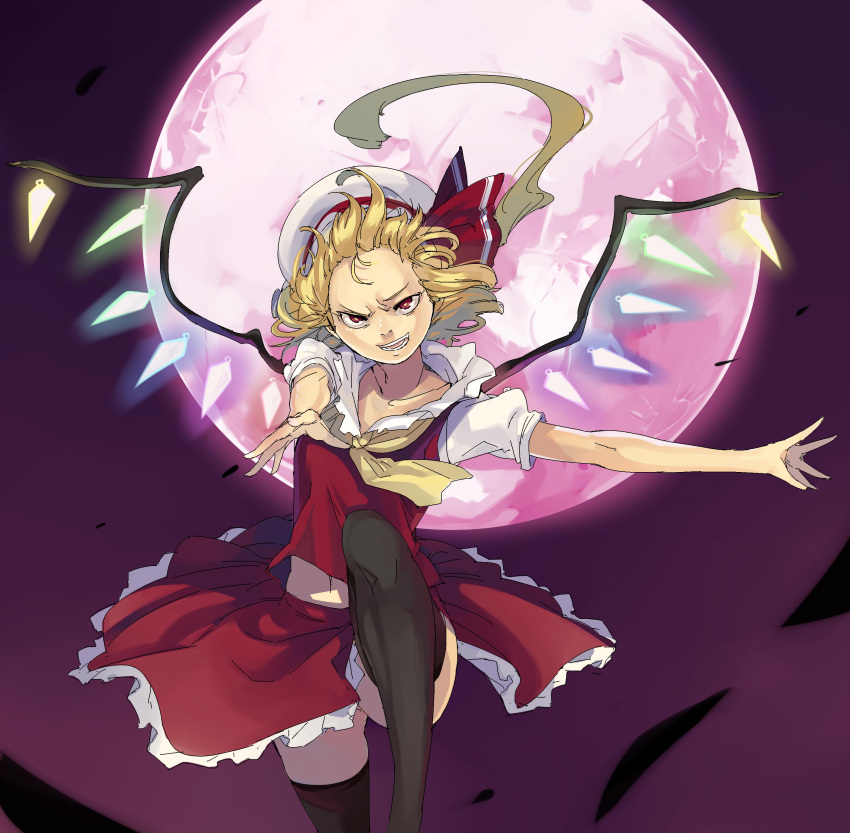 absurdres arm_at_side ascot black_thighhighs blonde_hair collarbone crystal evil_smile female flandre_scarlet floating_hair forehead full_moon glowing glowing_wings hair_up hat hat_ribbon highres huge_moon knee_up leg_up looking_at_viewer midriff mob_cap moon muneneko navel night one_side_up open_mouth outstretched_arms pink_moon puffy_short_sleeves puffy_sleeves purple_sky raised_eyebrow reaching reaching_towards_viewer red_eyes red_ribbon red_skirt red_vest ribbon shirt short_hair short_sleeves skirt skirt_set sky smile solo standing standing_on_one_leg thighhighs touhou uneven_eyes upskirt vest white_hat white_shirt wings yellow_ascot