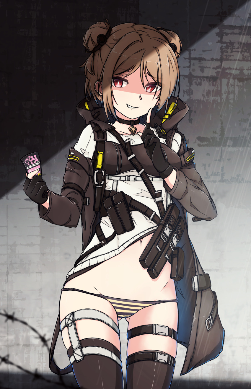 absurdres breasts buckle choker coat collarbone double_bun female girls'_frontline gloves grin groin hair_bun highres light_brown_hair lowleg lowleg_panties medium_breasts navel p90_(girls'_frontline) panties partially_fingerless_gloves red_eyes shaded_face short_hair skindentation smile snap-fit_buckle solo striped_clothes striped_panties thigh_strap thighhighs underwear xandier59