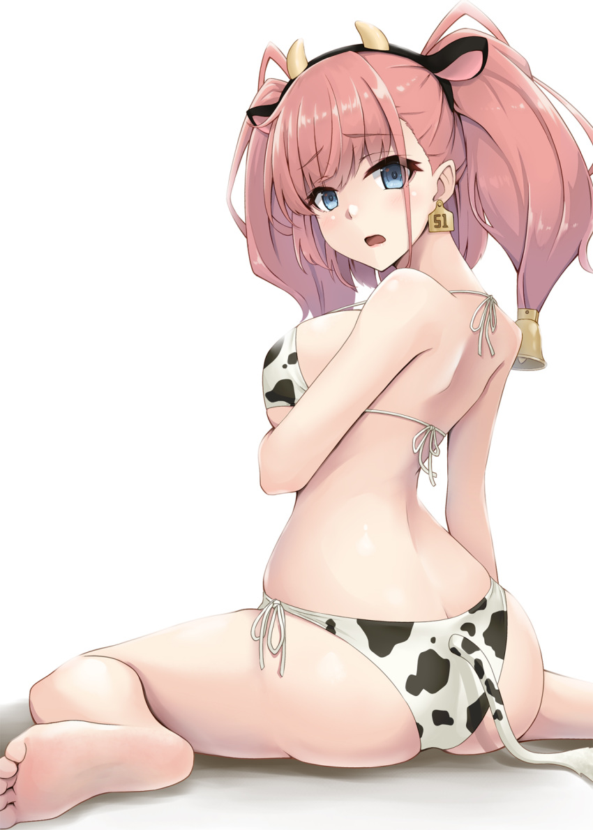 animal_ears animal_print ass atlanta_(kancolle) barefoot bell bikini blue_eyes breasts brown_hair butt_crack commentary_request cow_ears cow_horns cow_print cow_print_bikini cow_tail ear_tag female from_behind highres horns kantai_collection kodama_(mmt_uf) large_breasts long_hair open_mouth print_bikini side-tie_bikini_bottom simple_background sitting solo swimsuit tail two_side_up wariza white_background white_bikini