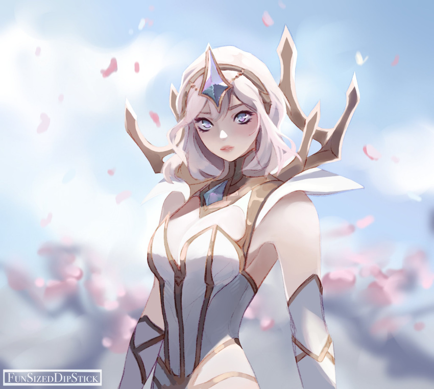 artist_name bare_shoulders breasts cleavage detached_sleeves elementalist_lux female funsizedipstick gem grey_eyes highres hood hood_up large_breasts league_of_legends lux_(league_of_legends) medium_hair official_alternate_costume petals shiny_skin solo white_hair