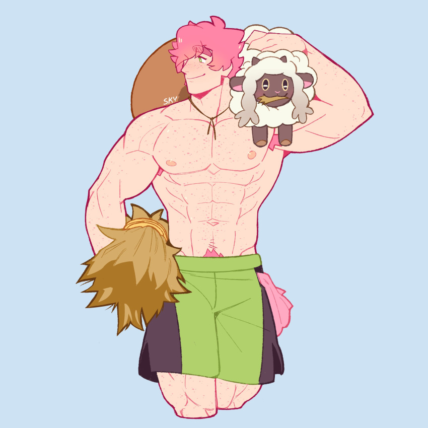 1boy abs armpit_hair bara bulge carrying carrying_over_shoulder carrying_under_arm commentary english_commentary feraltintinsimp freckles green_eyes green_shorts hat highres large_pectorals looking_at_another male_focus milo_(pokemon) muscular muscular_male navel navel_hair nipples pectorals pink_hair pokemon pokemon_(creature) pokemon_swsh short_hair shorts smile stomach sun_hat topless_male wooloo