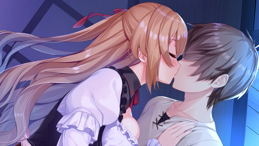 blonde_hair blush brown_hair game_cg inui_waon isekai_sakaba_no_sextet kissing long_hair lupine male qureate ribbons short_hair side_ponytail