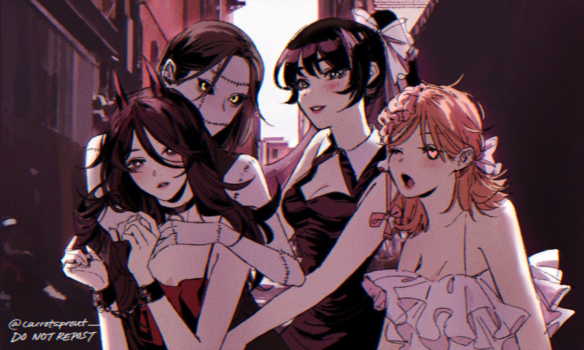 4girls bare_shoulders black_dress black_hair black_sclera brain carrotsprout chainsaw_man collared_dress colored_sclera cosmo_(chainsaw_man) cuffs dress hair_ribbon handcuffs heart heart-shaped_pupils horns long_(chainsaw_man) looking_at_viewer multiple_girls outdoors pingtsi_(chainsaw_man) pink_hair ponytail quanxi's_group_(chainsaw_man) ribbon stitched_arm stitched_face stitches symbol-shaped_pupils tsugihagi_(chainsaw_man) zombie