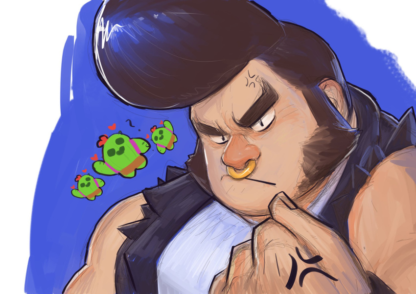 1boy anger_vein bara big_nose black_hair brawl_stars bull_(brawl_stars) frown highres korean_commentary large_pectorals long_sideburns looking_at_viewer male_focus muscular muscular_male nose_piercing nose_ring pectorals piercing pompadour shirt short_hair sideburns slapp_(slapp_backup) solo spike_(brawl_stars) thick_eyebrows torn_clothes torn_shirt upper_body