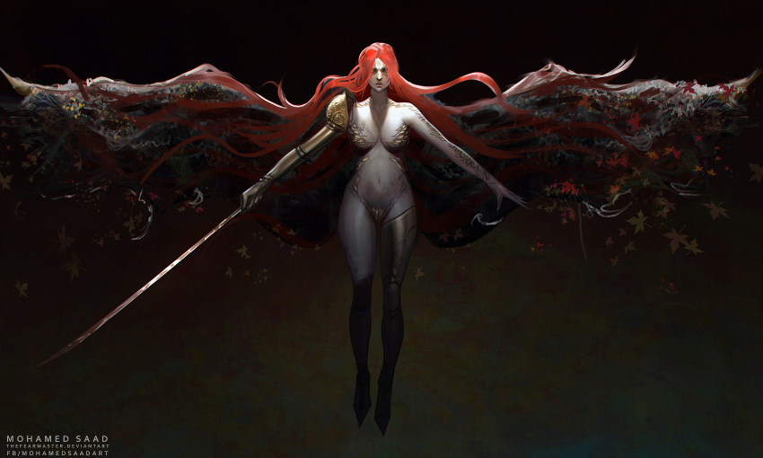 amputee breasts bug butterfly closed_eyes closed_mouth completely_nude elden_ring female floating_hair full_body highres holding holding_sword holding_weapon long_hair looking_at_viewer malenia_blade_of_miquella malenia_goddess_of_rot navel nude prosthesis prosthetic_arm prosthetic_leg red_hair simple_background solo sword thefearmaster very_long_hair weapon wings