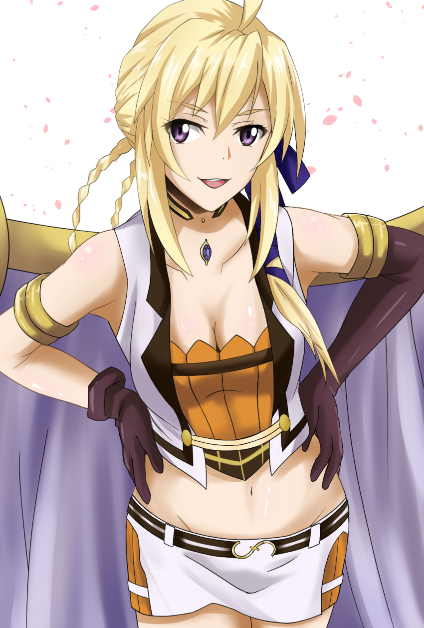 :d ahoge armlet asymmetrical_gloves blonde_hair blue_ribbon breasts cleavage collarbone commentary_request cowboy_shot crop_top elbow_gloves female gloves grancrest_senki groin hair_between_eyes hair_ribbon hands_on_own_hips highres jewelry leaning_forward long_hair looking_at_viewer medium_breasts midriff miniskirt navel necklace open_mouth purple_eyes raipen ribbon shiny_clothes shiny_skin sidelocks siluca_meletes skirt smile solo standing stomach uneven_gloves wall-eyed white_skirt