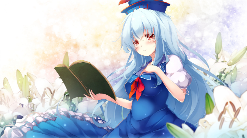 blue_dress blue_hat blush book breasts commentary_request cowboy_shot dress female flower gengetsu_chihiro grey_hair hand_up hat highres holding holding_book kamishirasawa_keine long_hair looking_at_viewer medium_breasts neck_ribbon neckerchief petticoat photoshop_(medium) pinafore_dress red_eyes red_neckerchief red_ribbon ribbon shirt sleeveless sleeveless_dress smile solo touhou very_long_hair white_flower white_shirt