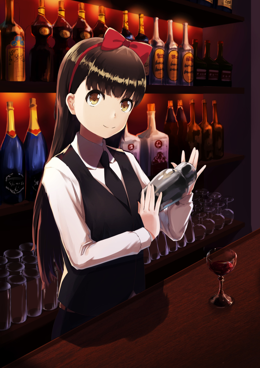 absurdres arms_up bar_(place) bartender black_necktie brown_eyes brown_hair cocktail_shaker commentary_request counter cup drinking_glass female hair_ribbon head_tilt highres hinamatsuri_(manga) indoors long_hair long_sleeves looking_at_viewer mishima_hitomi necktie photoshop_(medium) red_ribbon ribbon shadow shelf shimotsuki_(doujiaqun123) shirt smile solo upper_body very_long_hair waistcoat white_shirt wine_glass