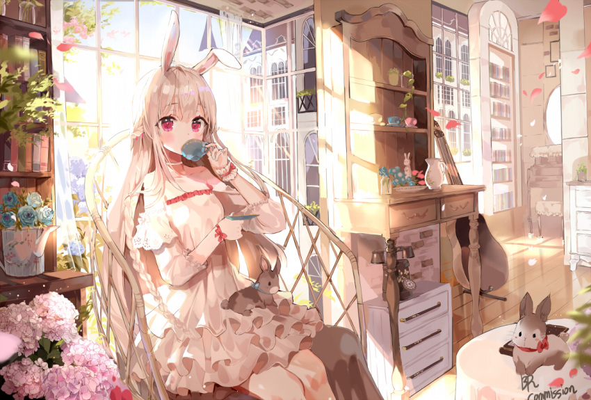 animal animal_ears animal_on_lap antique_phone artist_name b_rock bad_id bad_pixiv_id bare_shoulders blue_flower blue_rose blurry blush book bookshelf braid chair choker collarbone commentary commission cup curtains day depth_of_field dress drinking english_commentary female flower frilled_dress frills half_updo holding holding_cup hydrangea indoors instrument jug_(bottle) long_hair looking_at_viewer off-shoulder_dress off_shoulder on_lap original petals phone pink_eyes plant plate potted_plant rabbit rabbit_ears ribbon rose rotary_phone shelf sitting solo sunlight table teacup very_long_hair watering_can white_choker white_hair window wrist_ribbon