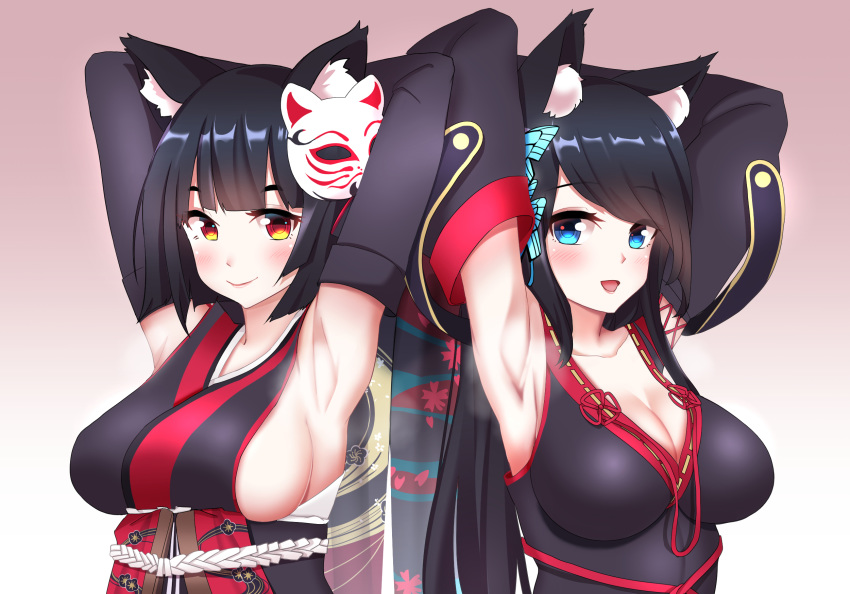 2girls :d animal_ear_fluff animal_ears armpits arms_up azur_lane black_dress black_kimono blue_eyes blunt_bangs blush breasts brown_background butterfly_hair_ornament cat_ears cat_mask chinese_commentary cleavage closed_mouth commentary_request detached_sleeves dress fusou_(azur_lane) gradient_background hair_ornament highres japanese_clothes kimono large_breasts lenxiao long_sleeves looking_at_viewer mask mask_on_head multiple_girls open_mouth photoshop_(medium) red_eyes sideboob sideless_kimono sleeveless sleeveless_kimono smile upper_body white_background yamashiro_(azur_lane)