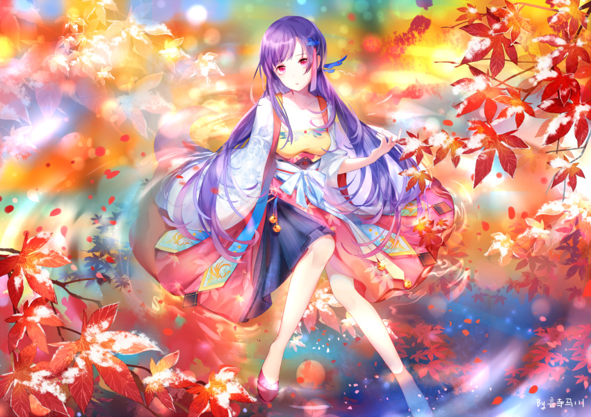 autumn_leaves bad_id bad_pixiv_id blue_skirt collarbone female floating_hair full_body hair_ornament head_tilt leaf long_hair looking_at_viewer maple_leaf medium_skirt purple_hair red_eyes sitting skirt solo very_long_hair vocaloid xin_hua yu_jiu