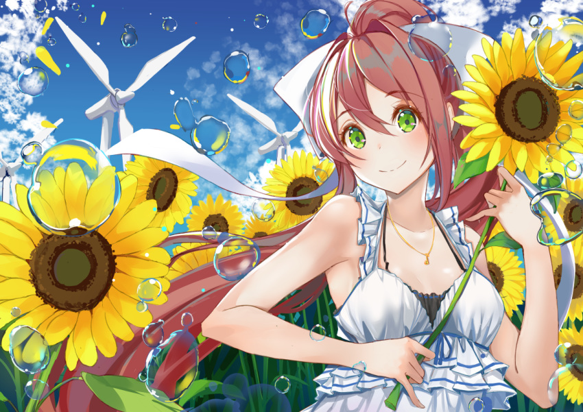 brown_hair bubble cloud commentary commentary_typo day doki_doki_literature_club dress english_commentary female flower green_eyes jewelry long_hair monika_(doki_doki_literature_club) necklace outdoors ponytail ribbon sky sleeveless sleeveless_dress smile solo sundress sunflower upper_body very_long_hair white_dress wind_turbine xhunzei